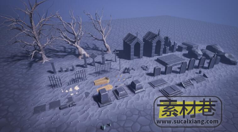 UE阴森恐怖墓地场景模型素材Graveyard - Cemetery - Stylized Graveyard - St