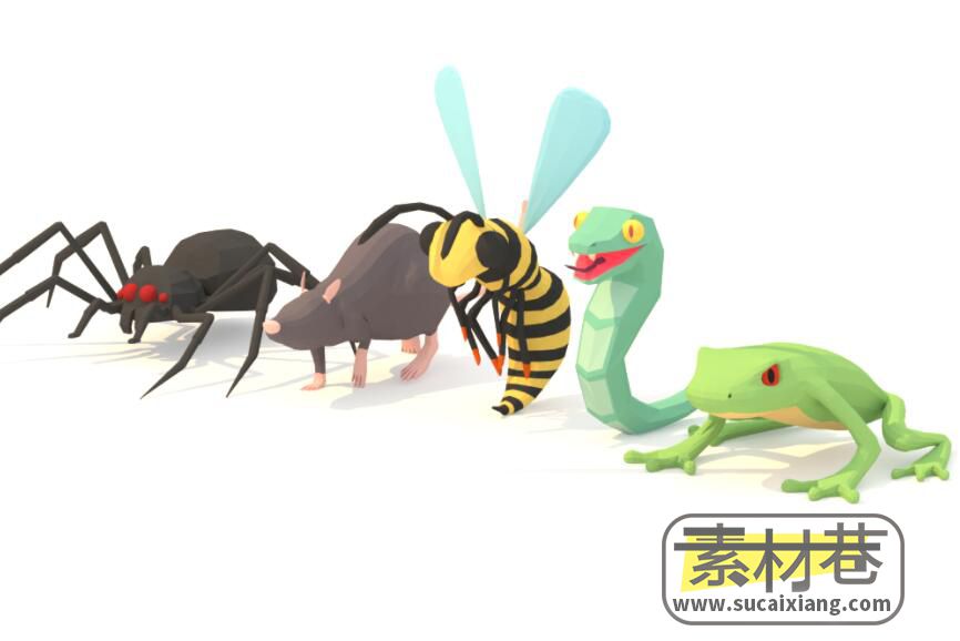 低多边形蜘蛛鼠马蜂蛇青蛙小动物动画模型