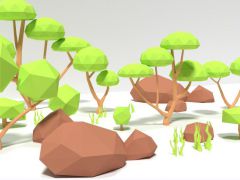 低多边形树木草地岩石灌木丛自然游戏模型素材包