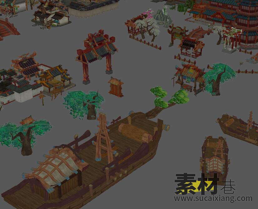 Q版游戏古代城楼城墙房屋建筑船小桥场景模型