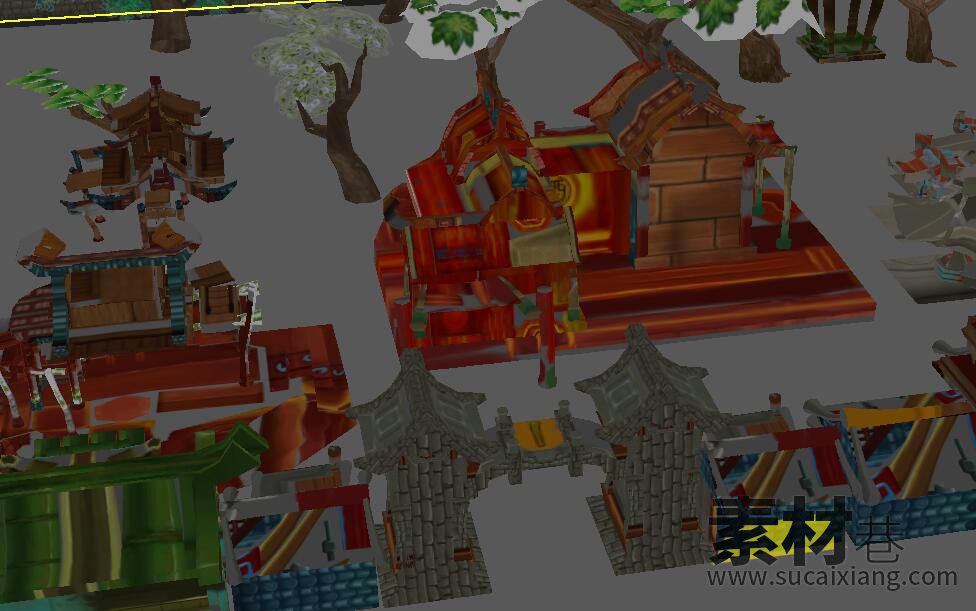 Q版游戏古代城楼城墙房屋建筑船小桥场景模型