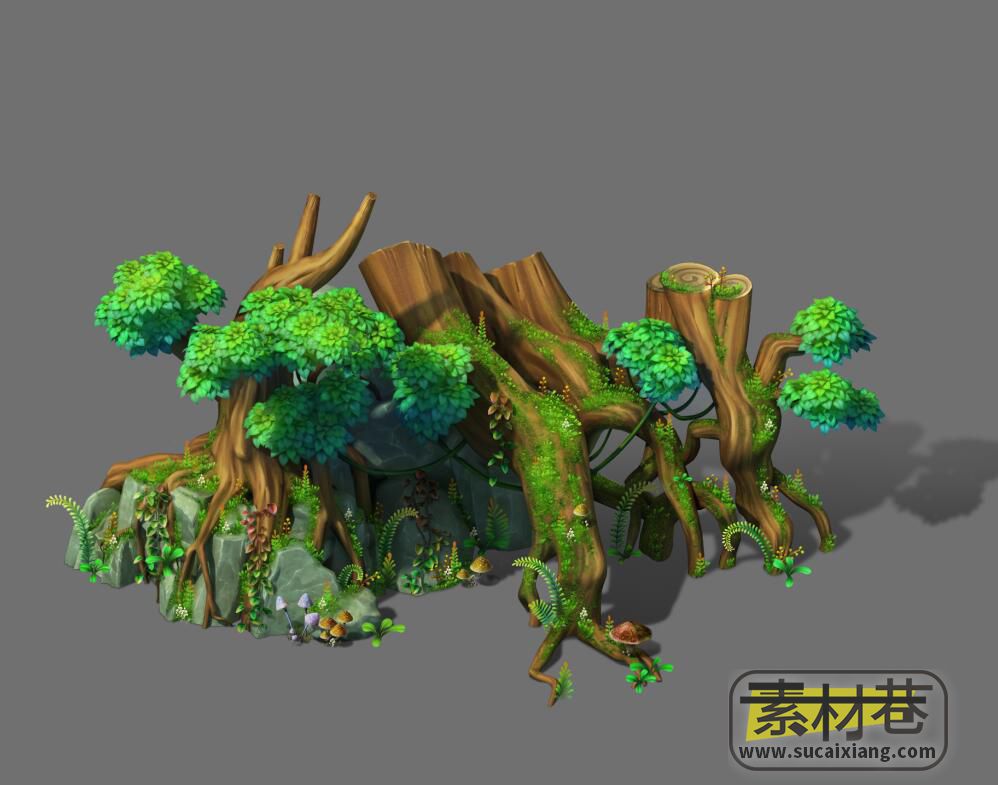 2D游戏带青苔石头与树根素材