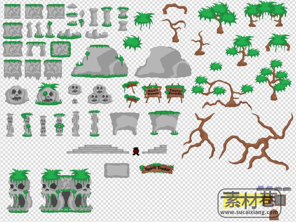2D卡通手绘风格游戏四季树木与石块素材