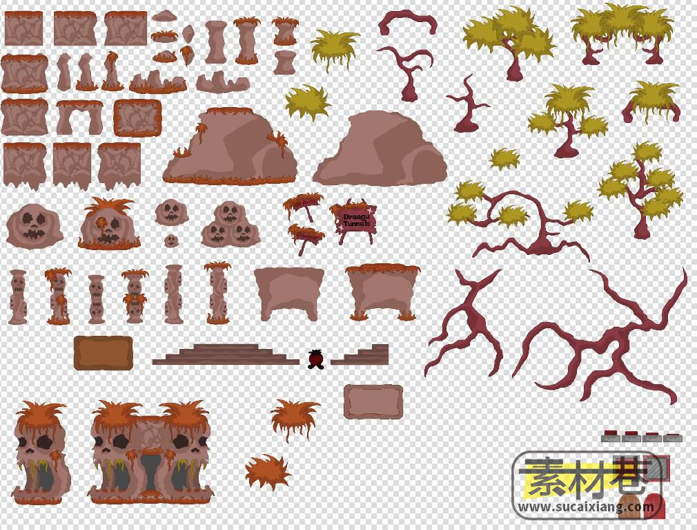2D卡通手绘风格游戏四季树木与石块素材
