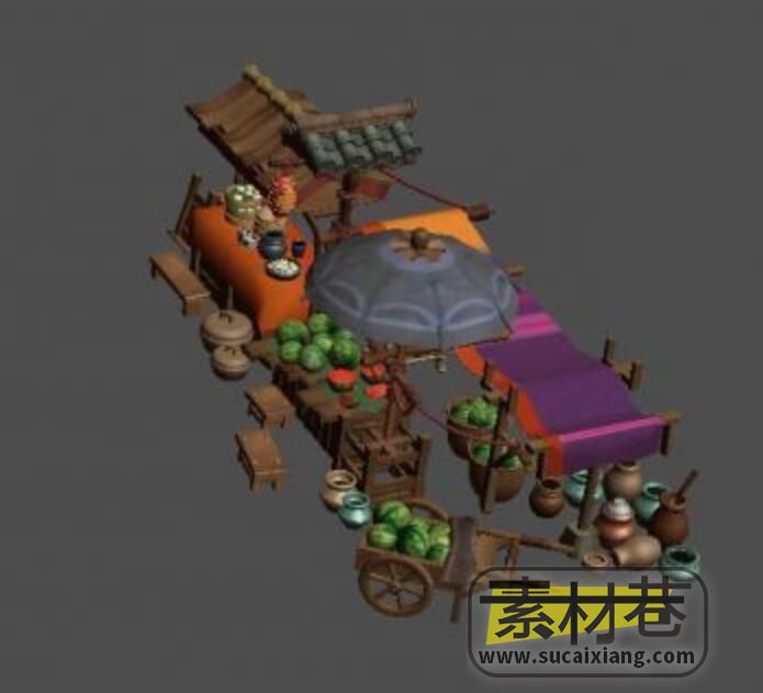 游戏中古代集市水果摊位模型