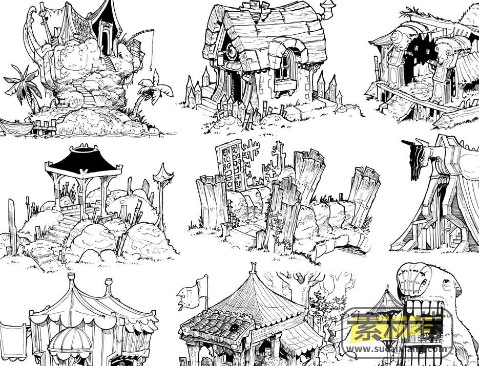 游戏中单体树木与房屋建筑手绘设计线稿图参考素材