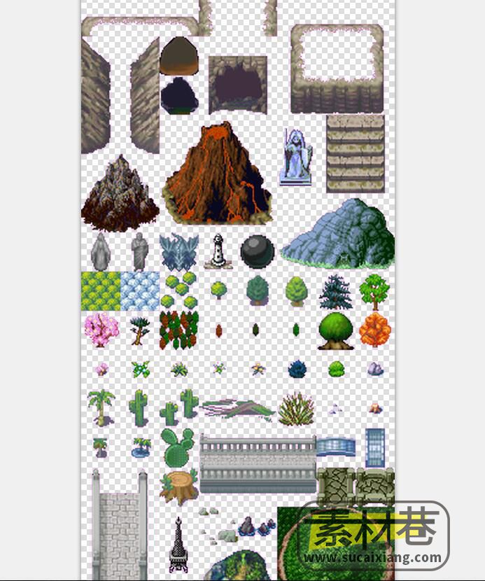2D像素风格RPG游戏建筑道路树木地形素材