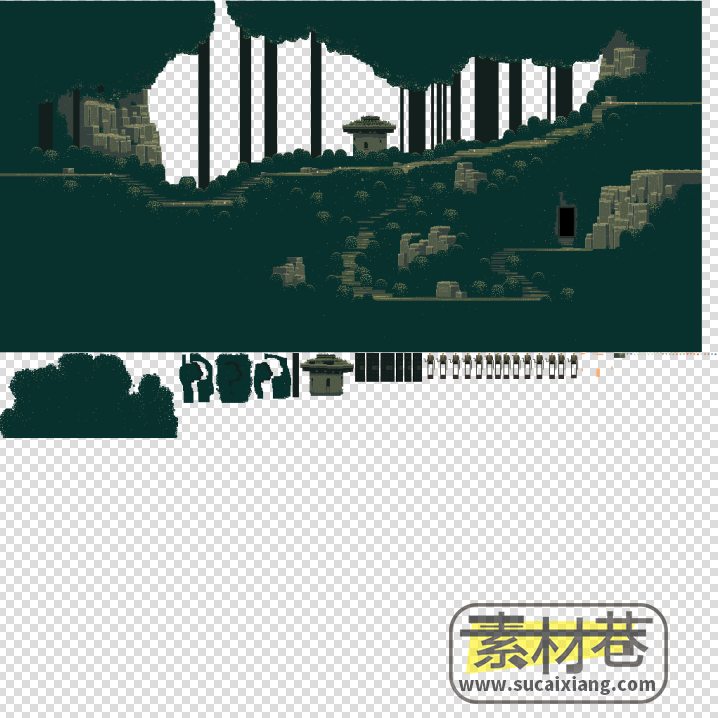 ​2D像素怀旧风格山石树林小屋游戏场景素材