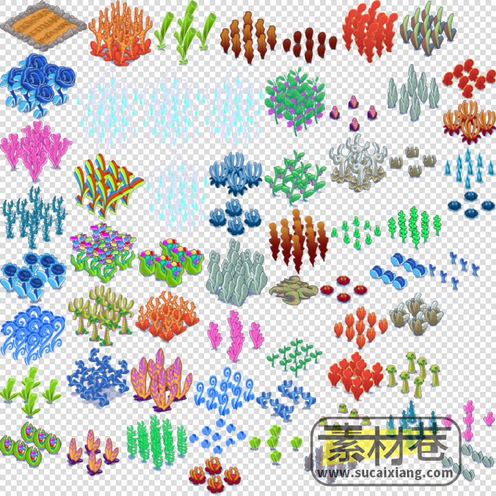 2D卡通海底道具水草珊瑚房屋鱼类游戏素材