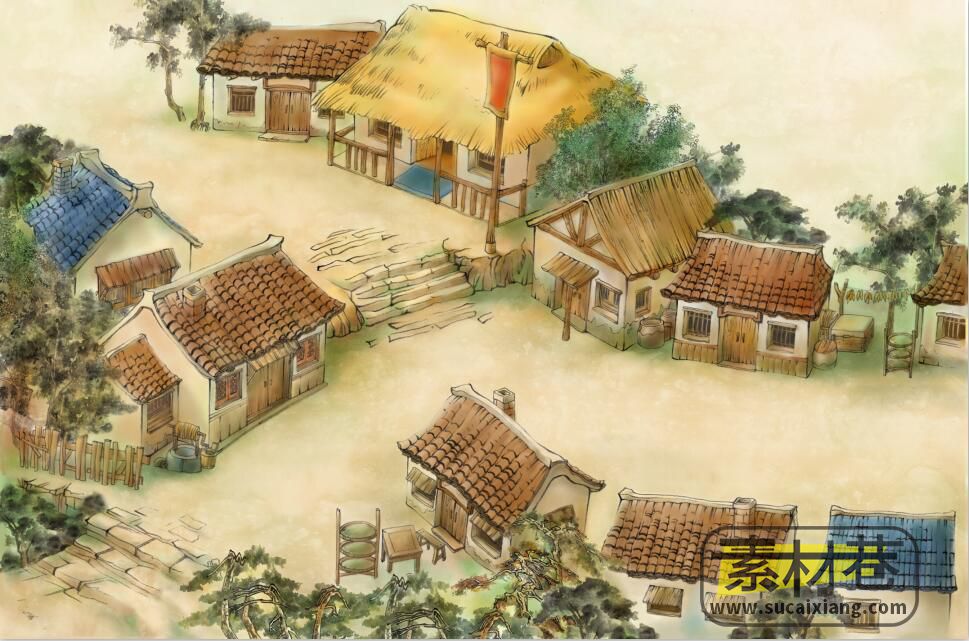 2D水墨古典风格村落房屋山间野外游戏场景素材