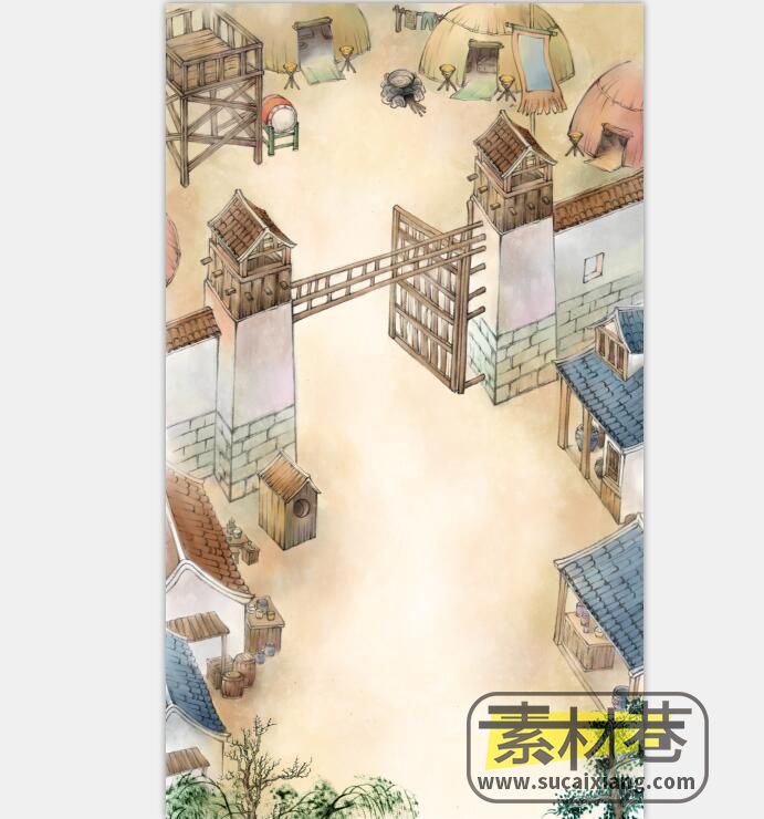 2D水墨古典风格村落房屋山间野外游戏场景素材
