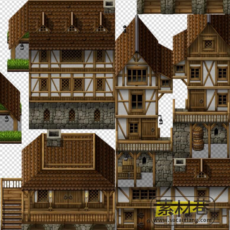 2D中世纪风格RPG游戏房屋建筑城堡部件瓷砖素材