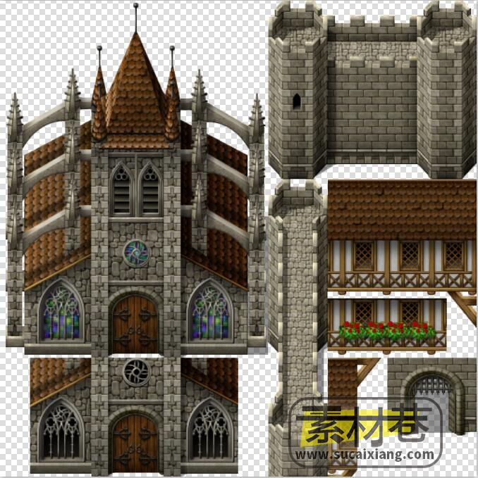 2D中世纪风格RPG游戏房屋建筑城堡部件瓷砖素材