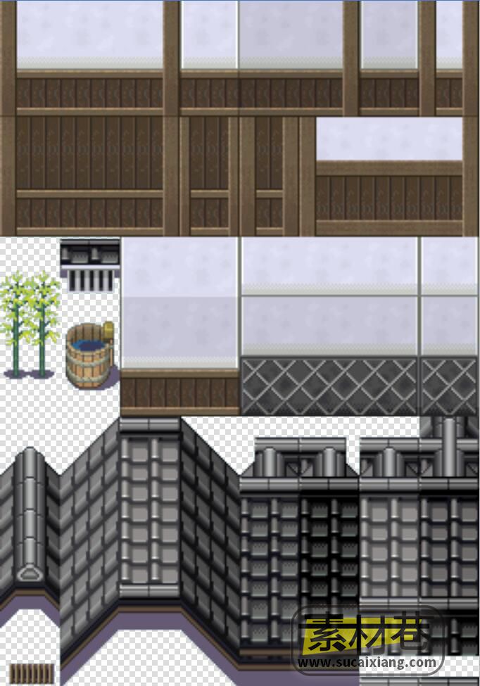 2D东方古典风格像素RPG游戏房屋围墙道具素材