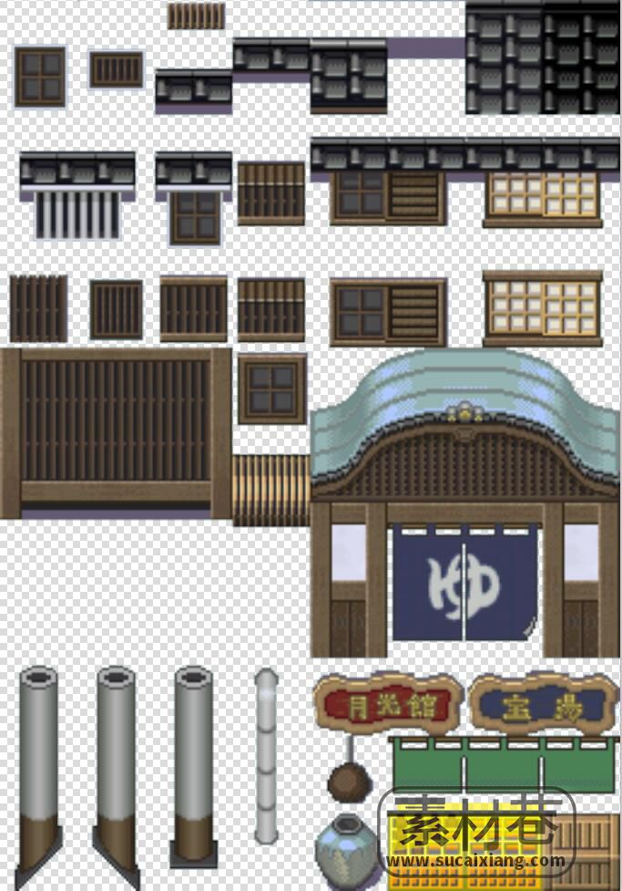2D东方古典风格像素RPG游戏房屋围墙道具素材