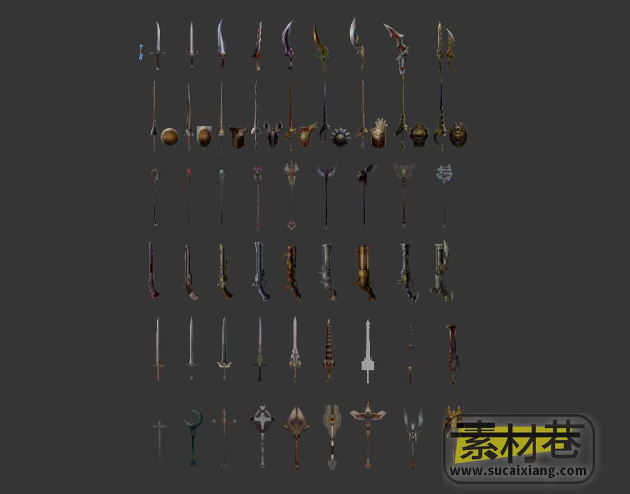 欧美风格游戏火枪刀剑盾牌法杖武器3D模型集合