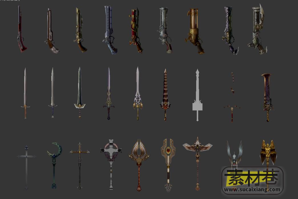 欧美风格游戏火枪刀剑盾牌法杖武器3D模型集合