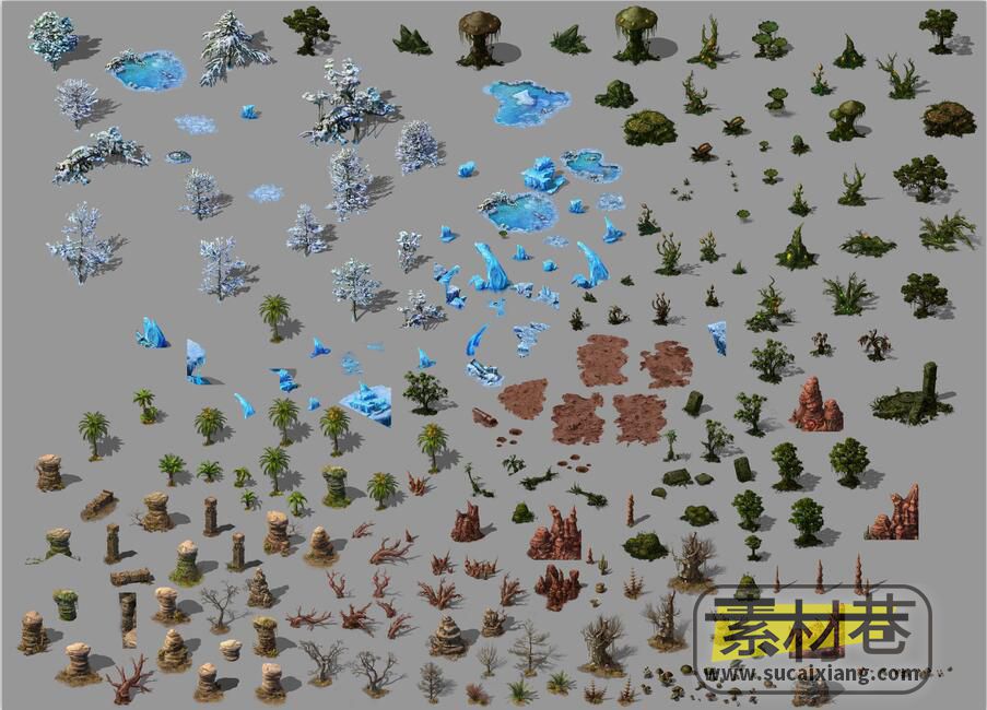 2.5D游戏场景地图树木岩石道具素材