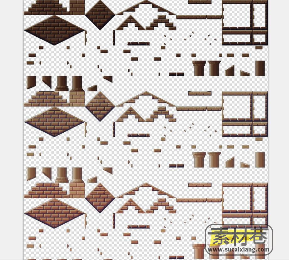 2D像素风格游戏房屋瓷砖与灯烛梯子素材