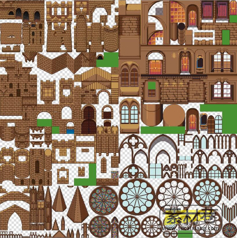 2d复古风格游戏城堡房屋瓷砖素材