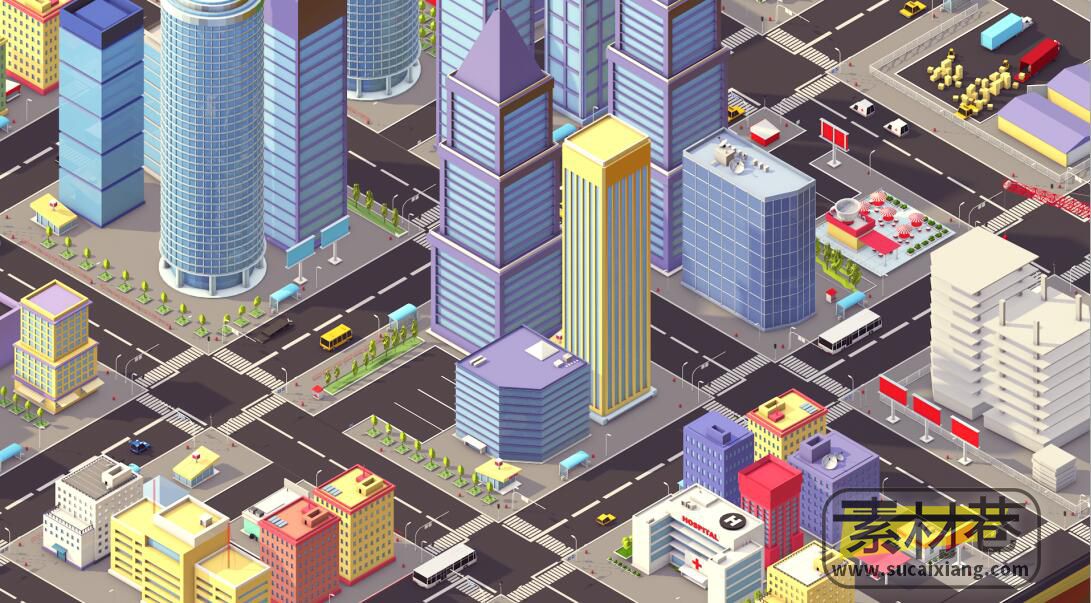 游戏低边现代城市建筑场景3D模型