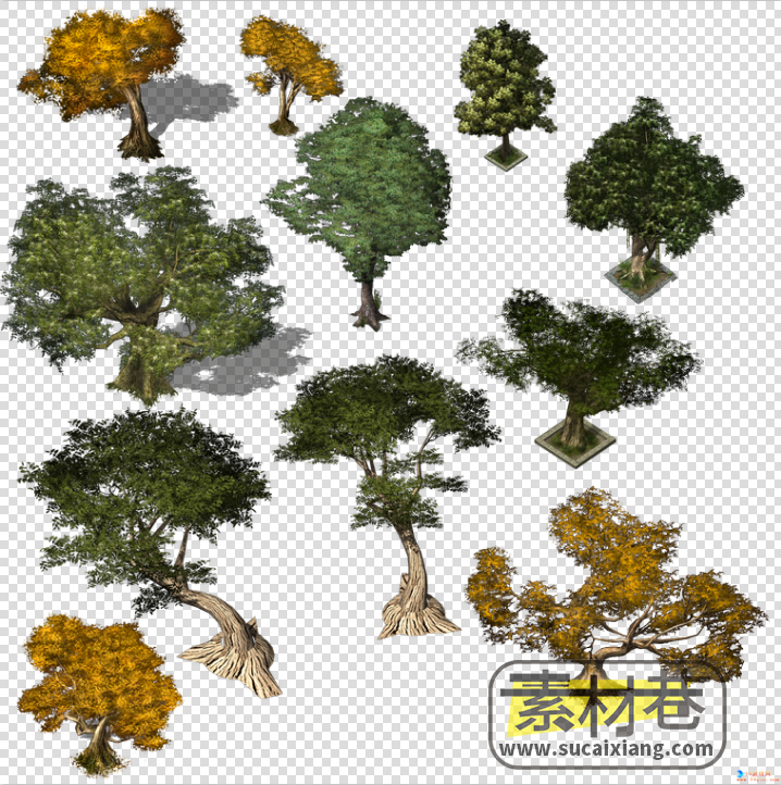 2.5D游戏古典房屋物件道具树木荷花池素材