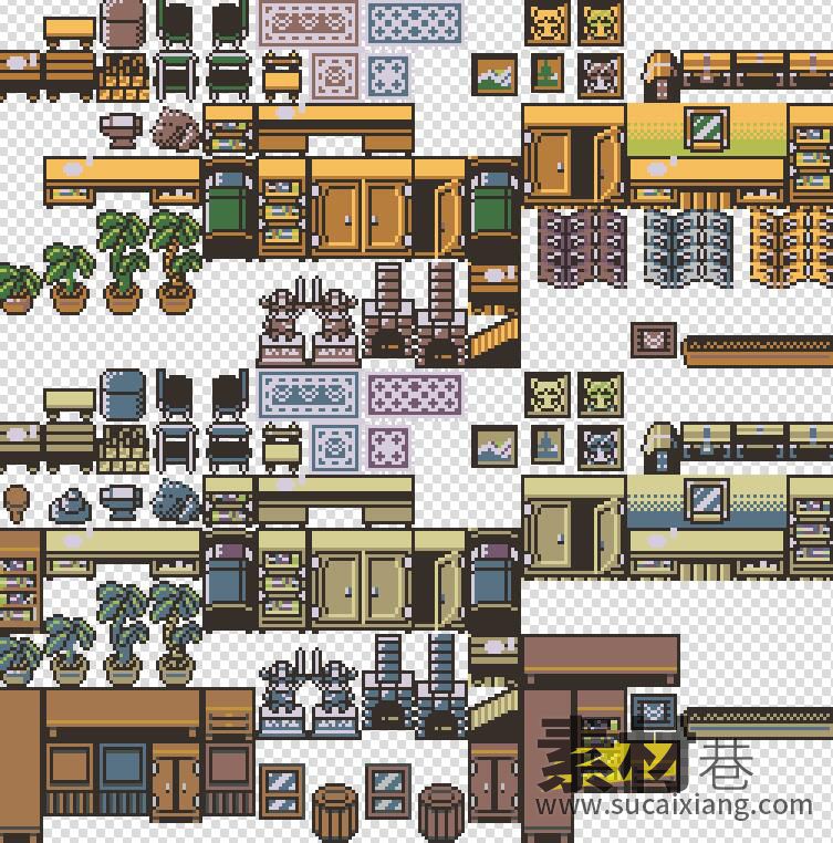 2D像素RPG游戏房屋建筑及内部道具素材Retro Tileset