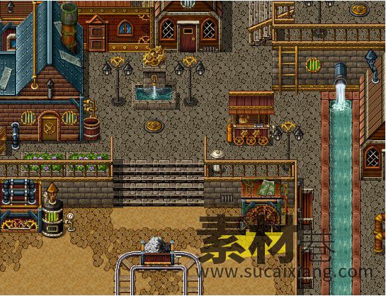 2D像素蒸汽朋克风城镇房屋与室内家具场景地图瓷砖RPG游戏素材