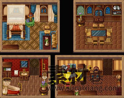 2D像素蒸汽朋克风城镇房屋与室内家具场景地图瓷砖RPG游戏素材