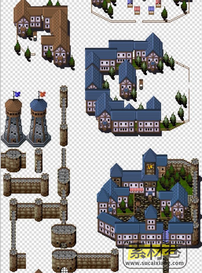 2Drpg游戏中世纪城堡村庄树木地形素材