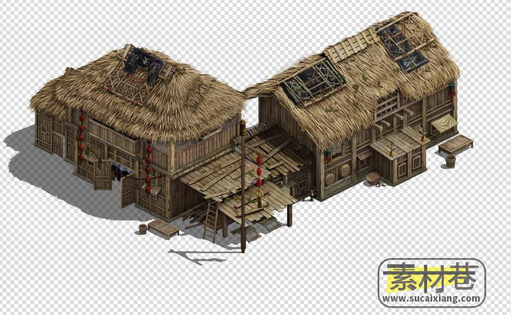 古代茅草房店铺3D模型