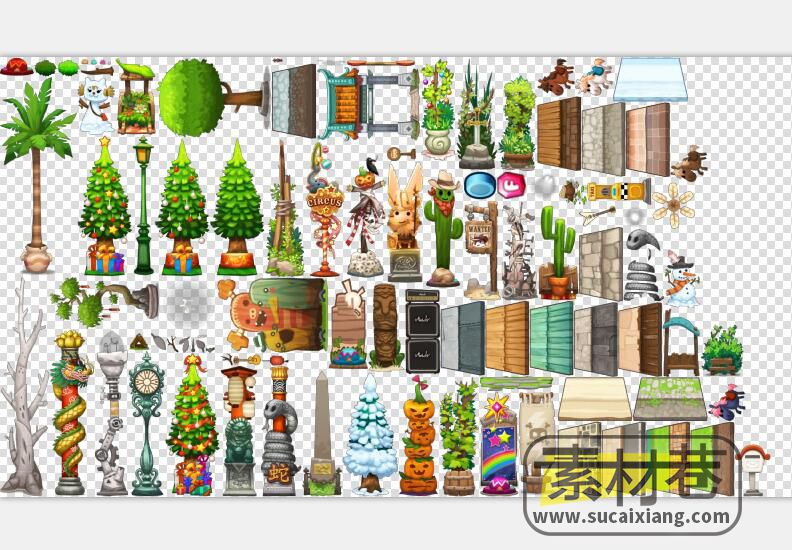 2d卡通Q版游戏房屋植物道具素材
