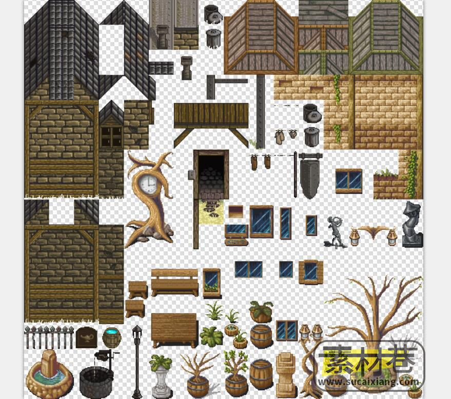 2d复古风格游戏房屋瓷砖与树木素材