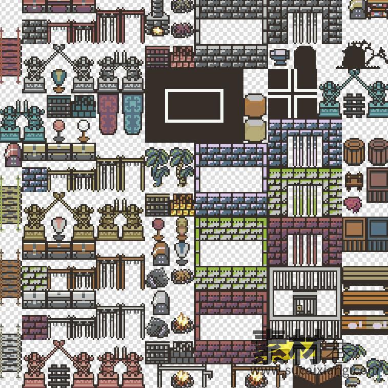 2D复古像素RPG游戏房屋建筑拼块素材Retro Tileset