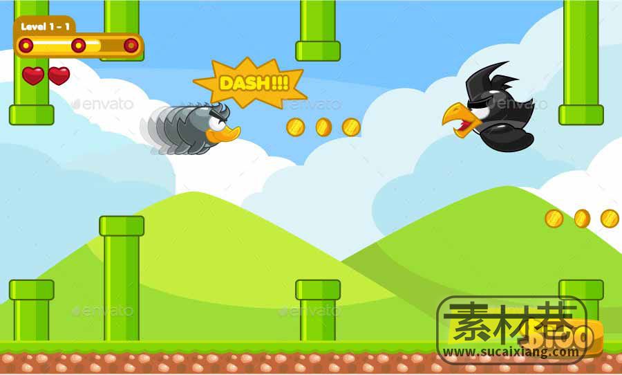 2D卡通胖乌鸦精灵鸟飞行游戏素材Flappy Duck Game Assets