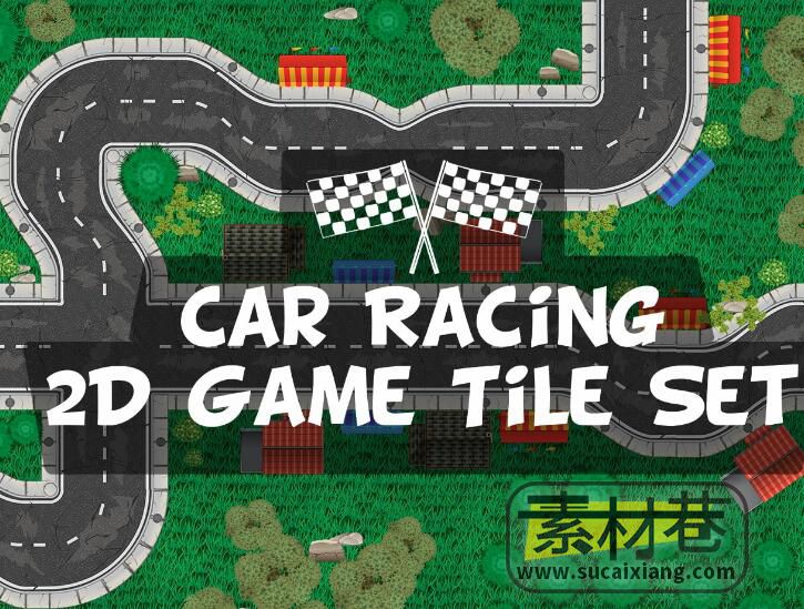2D卡通俯视角度赛车汽车赛道游戏素材Race Track 2D Game Tile Set
