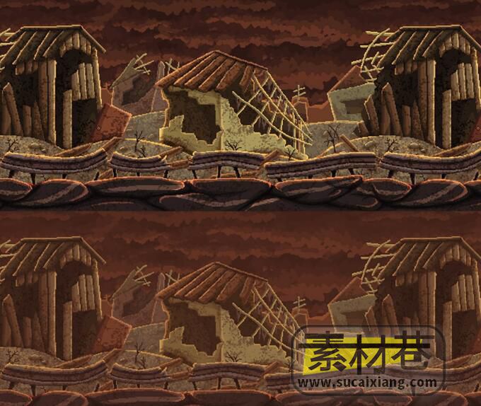 2D复古艺术风格世界末日废墟游戏背景素材POST APOCALYPTIC PIXEL ART GAME BACKGROU