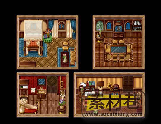 游戏手绘风格精美2D房屋建筑室内场景拼件素材