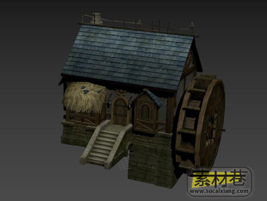 游戏中世纪带水车的房屋3D模型