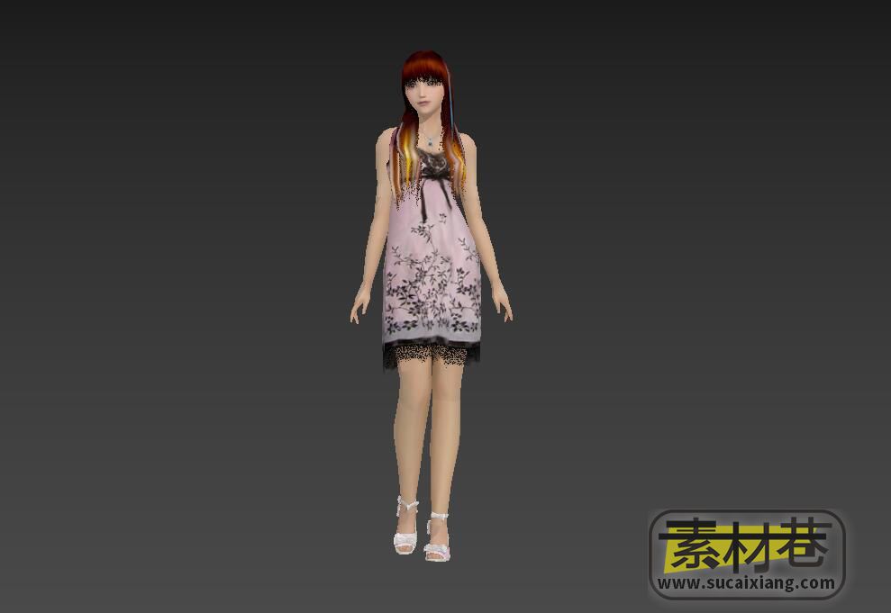 游戏现代长发连衣裙女孩3D模型