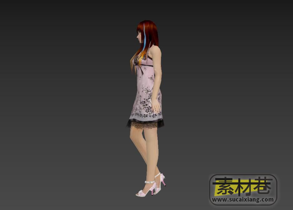 游戏现代长发连衣裙女孩3D模型