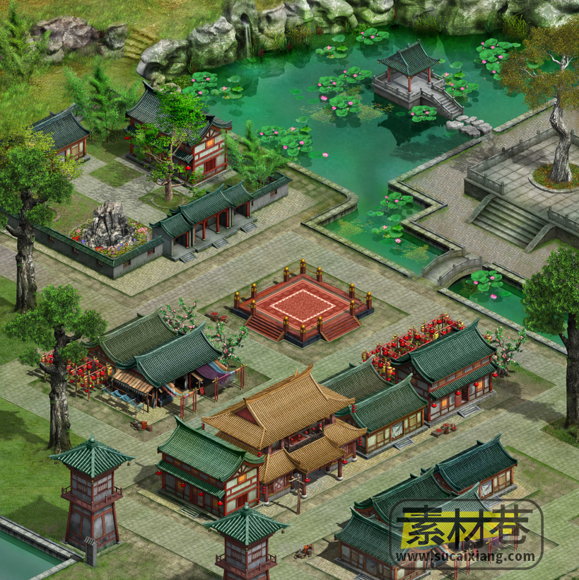 2.5D古典游戏村庄城镇河流山地场景素材