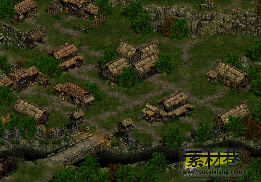 2.5D古典游戏村庄城镇河流山地场景素材