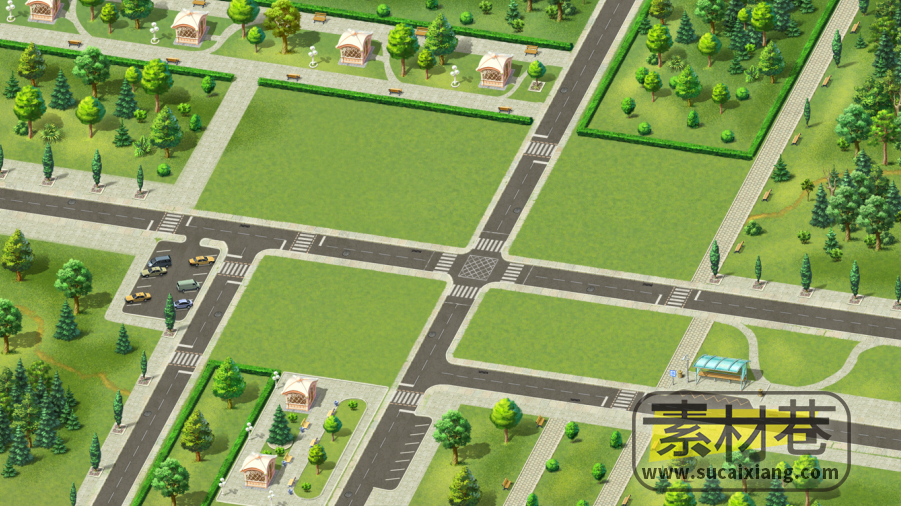 2D俯视角度道路树林房屋地图游戏素材