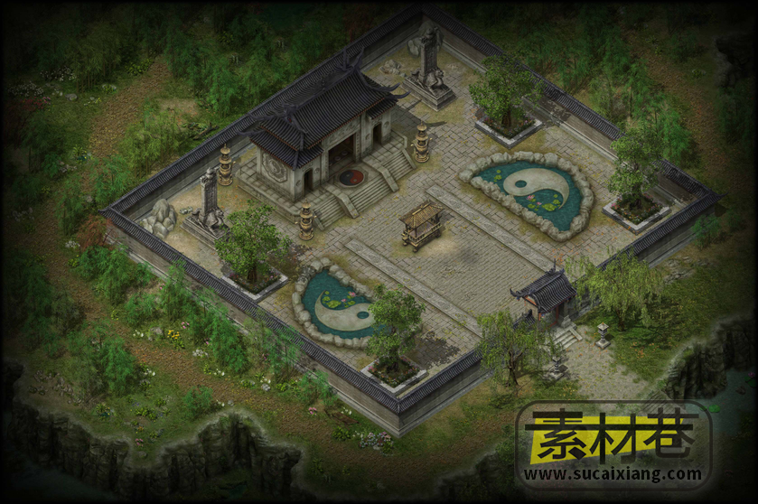 2.5D武侠游戏野外树林房屋地图场景素材