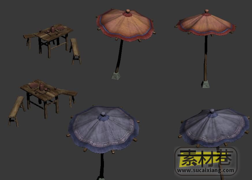 古风游戏水果摊木伞桌凳板车3D模型