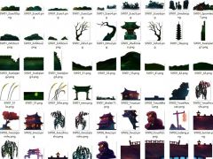 2D手绘风格横版古典玄幻游戏房屋建筑树木场景部件素材