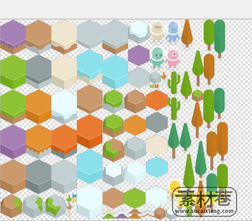 2D游戏简约风六角立体地形块与树木素材