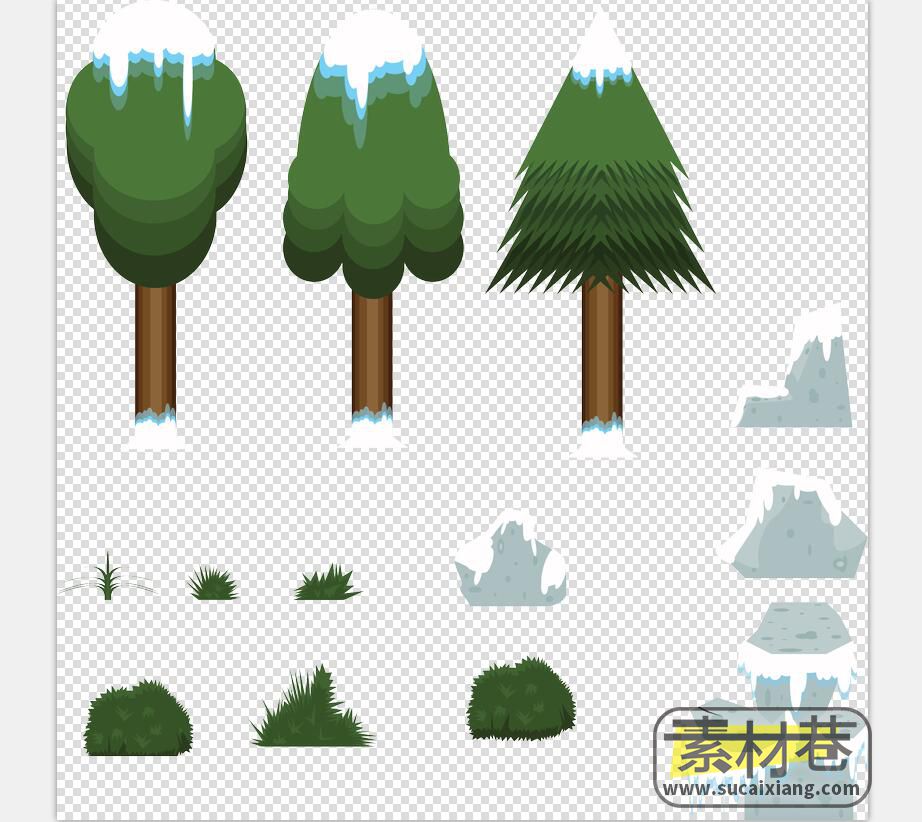 ​2d卡通风格游戏树木雪人地图块素材