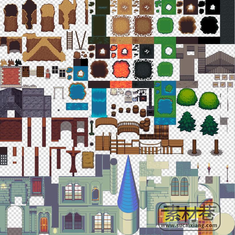 2d复古风格RPG游戏房屋建筑场景道具素材